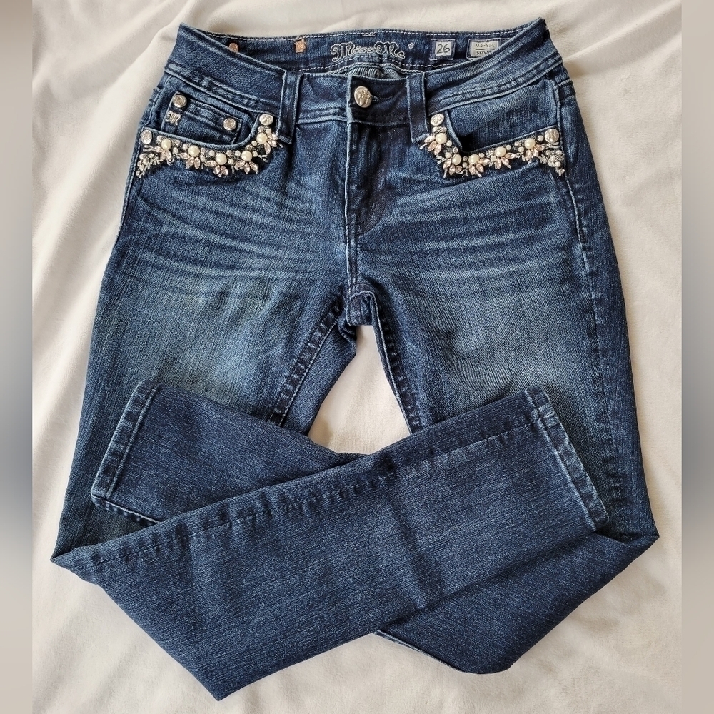 Miss Me dark wash embellished mid-rise skinny jeans 26